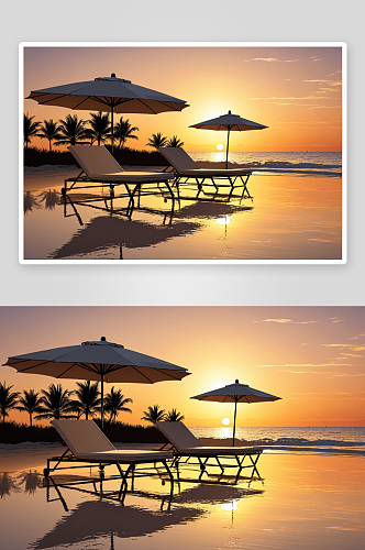 沙滩日落遮阳伞日光浴躺椅图片