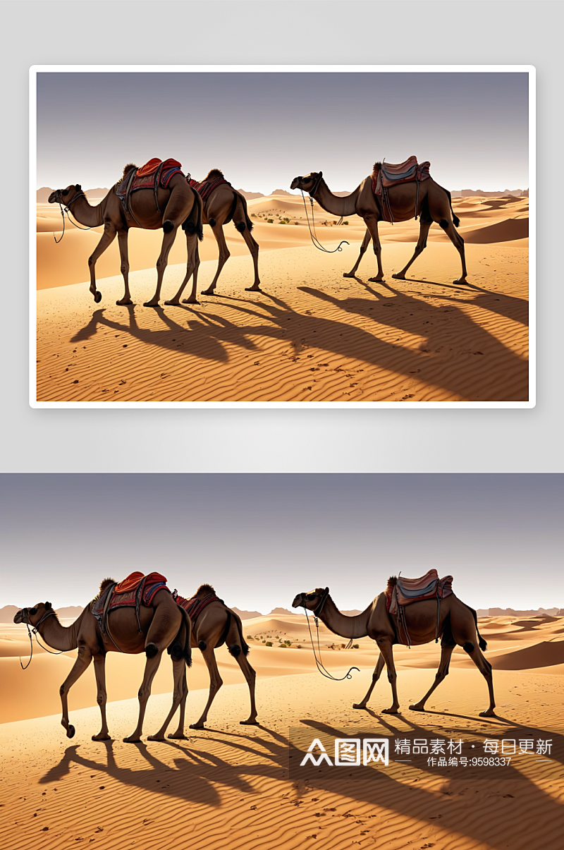 沙漠骆驼休息后游览沙漠图片素材