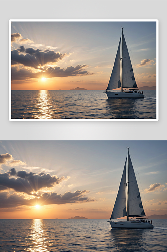 日落时天空映衬下海帆船剪影高清特写图片