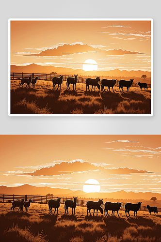 日落时牧场马羊图片