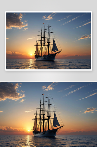 日落时海帆船逆天航行剪影高清特写图片