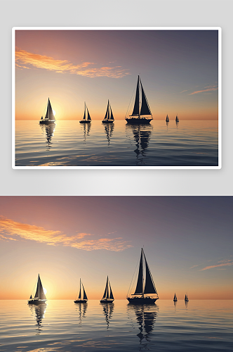 日落时海帆船剪影映衬着天空高清特写图片