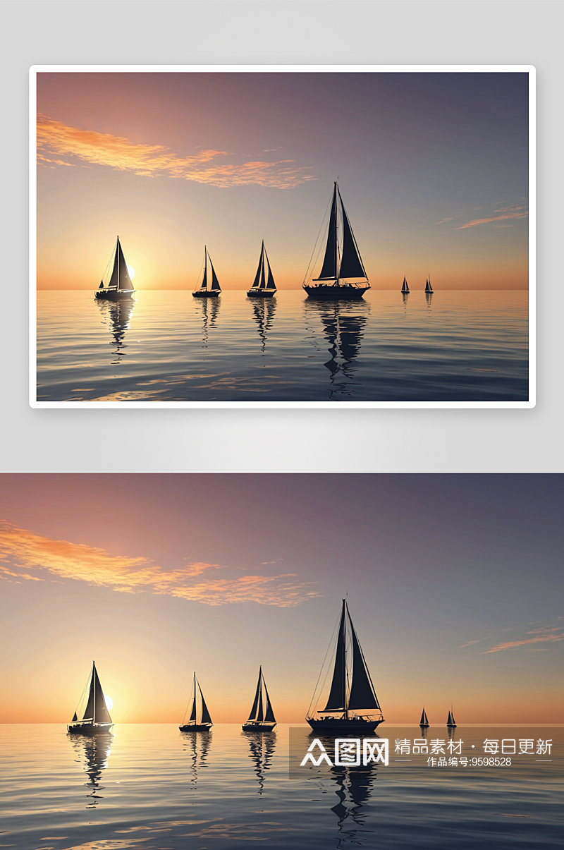 日落时海帆船剪影映衬着天空高清特写图片素材