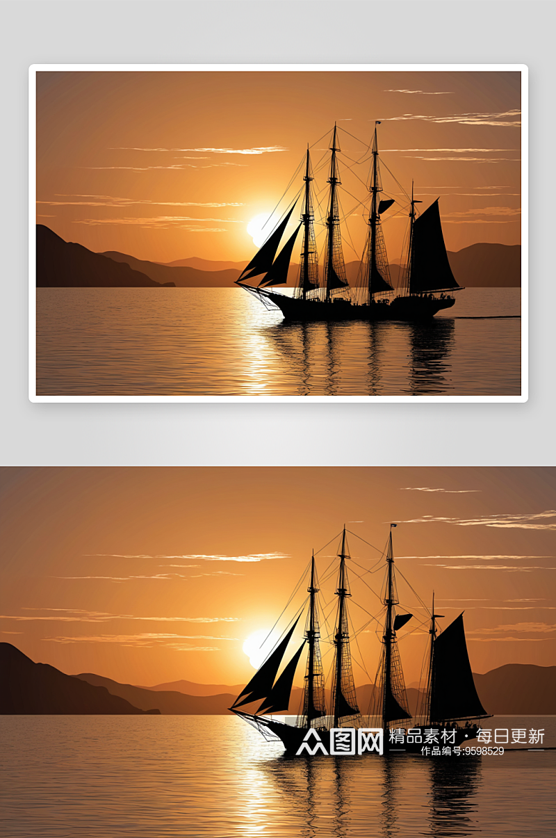 日落时海帆船剪影图片素材