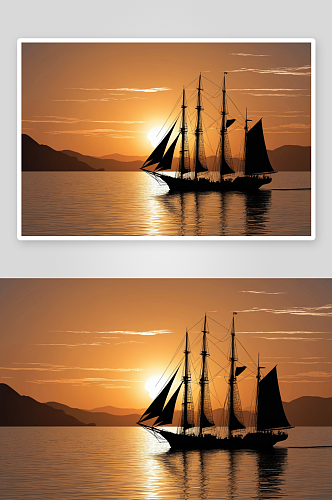 日落时海帆船剪影图片