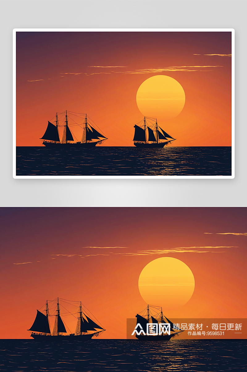 日落时海帆船剪影对着天空高清特写图片素材