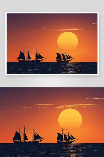 日落时海帆船剪影对着天空高清特写图片