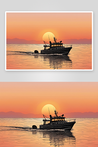 日落时船只轮廓海水涟漪高清特写图片