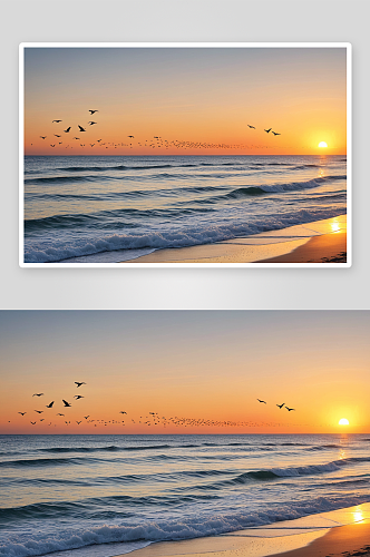 日落沙滩鸟儿太阳飞翔图片