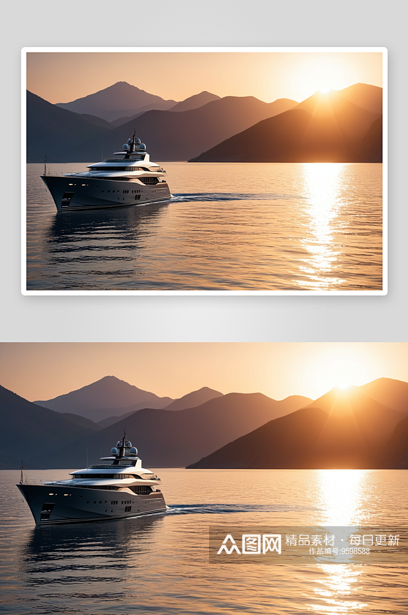 游艇夕阳余晖中背对着群山背景高清特写图片素材