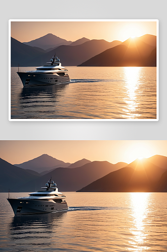 游艇夕阳余晖中背对着群山背景高清特写图片