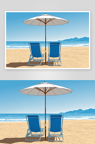 阳光明媚海滩蓝色日光浴床雨伞图片