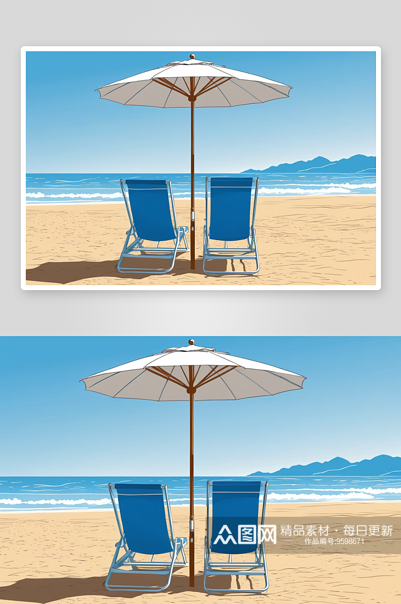 阳光明媚海滩蓝色日光浴床雨伞图片素材