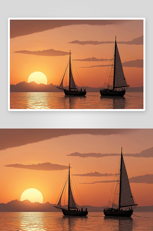 小船穿过海洋驶向橙色晚霞天空高清特写图片