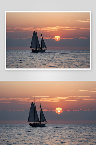 夕阳下海帆船剪影高清特写图片