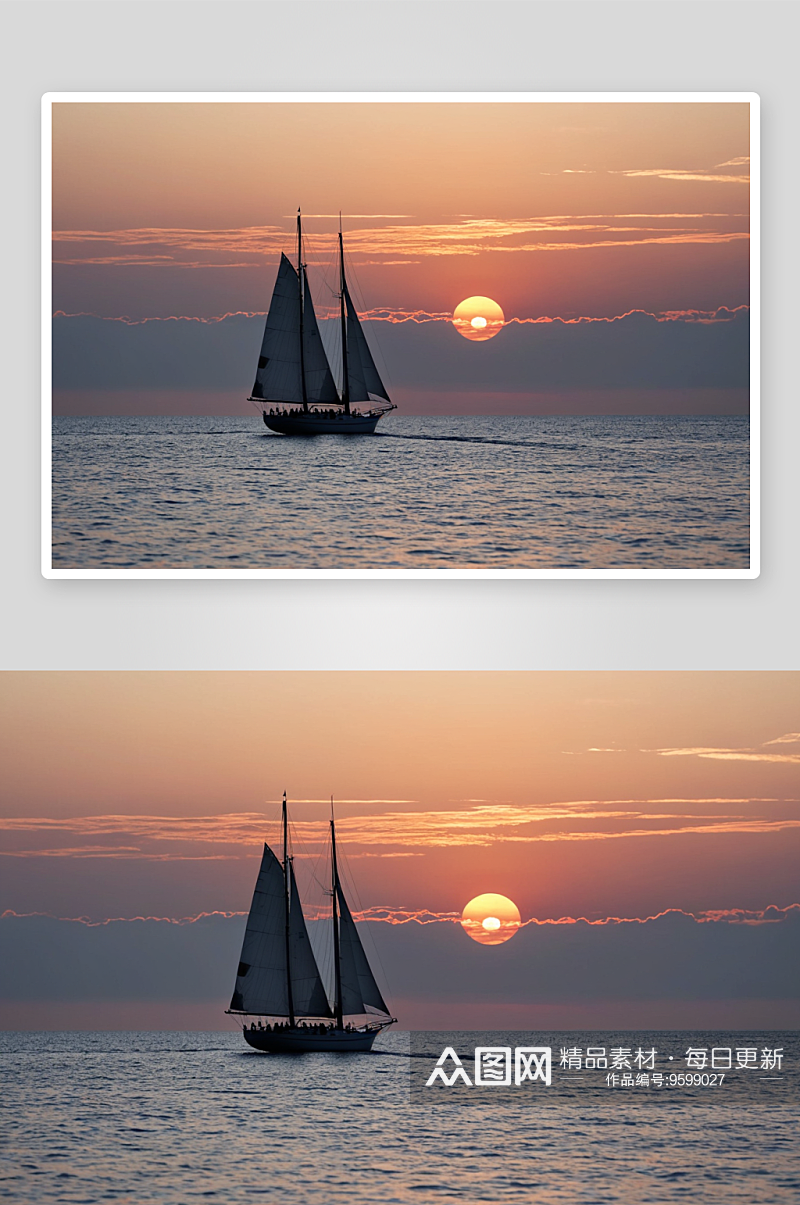 夕阳下海帆船剪影高清特写图片素材