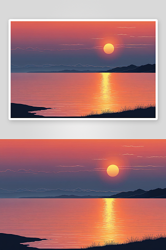 夕阳西下大海映衬着浪漫天空图片