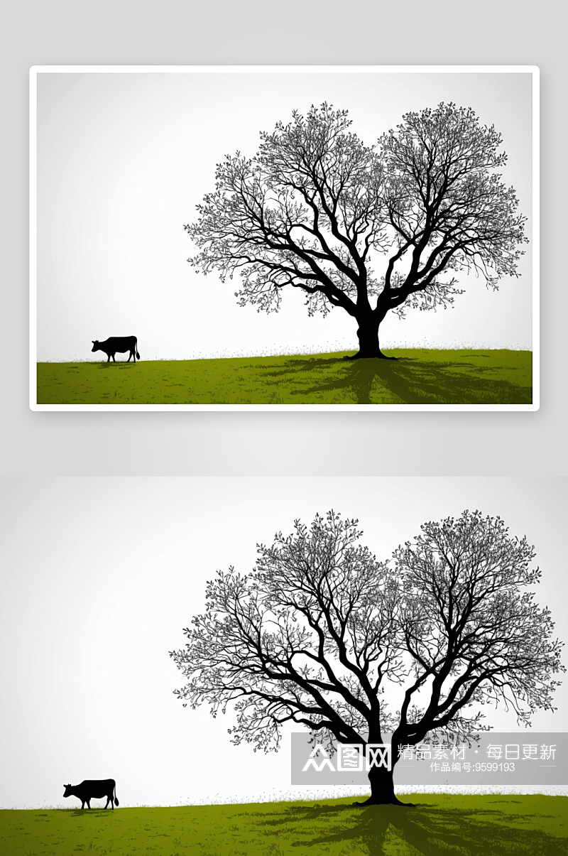 田野里一头奶牛一棵树剪影图片素材