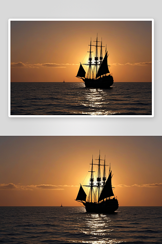 太阳落山时海帆船剪影火山口高清特写图片