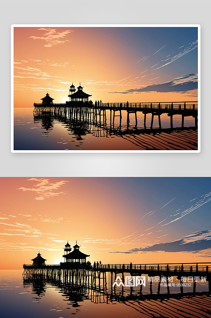 日落时天空映衬下码头剪影高清特写图片素材