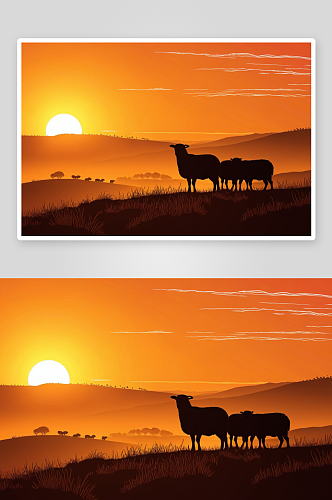 日落十分食草羊群图片