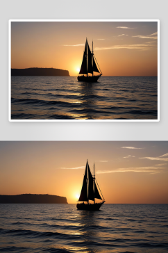 日落期间海帆船剪影图片