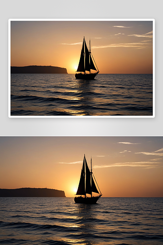日落期间海帆船剪影图片