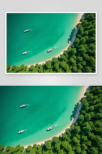 航拍无人机海滩绿色树木翠绿水船图片