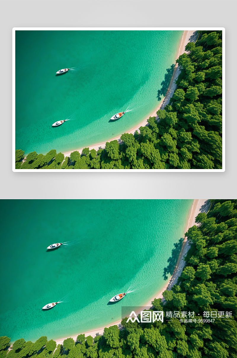 航拍无人机海滩绿色树木翠绿水船图片素材