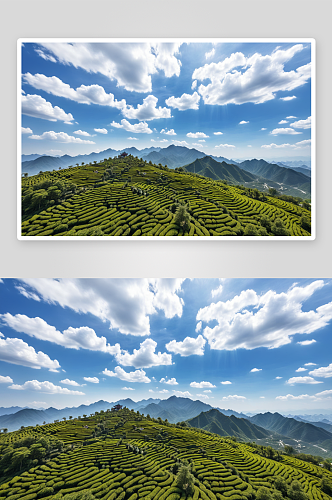 航拍蓝天白云下下吴村高山茶园图片