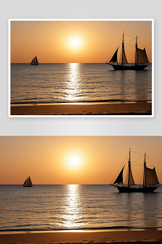海滩湾日落时帆船剪影高清特写图片