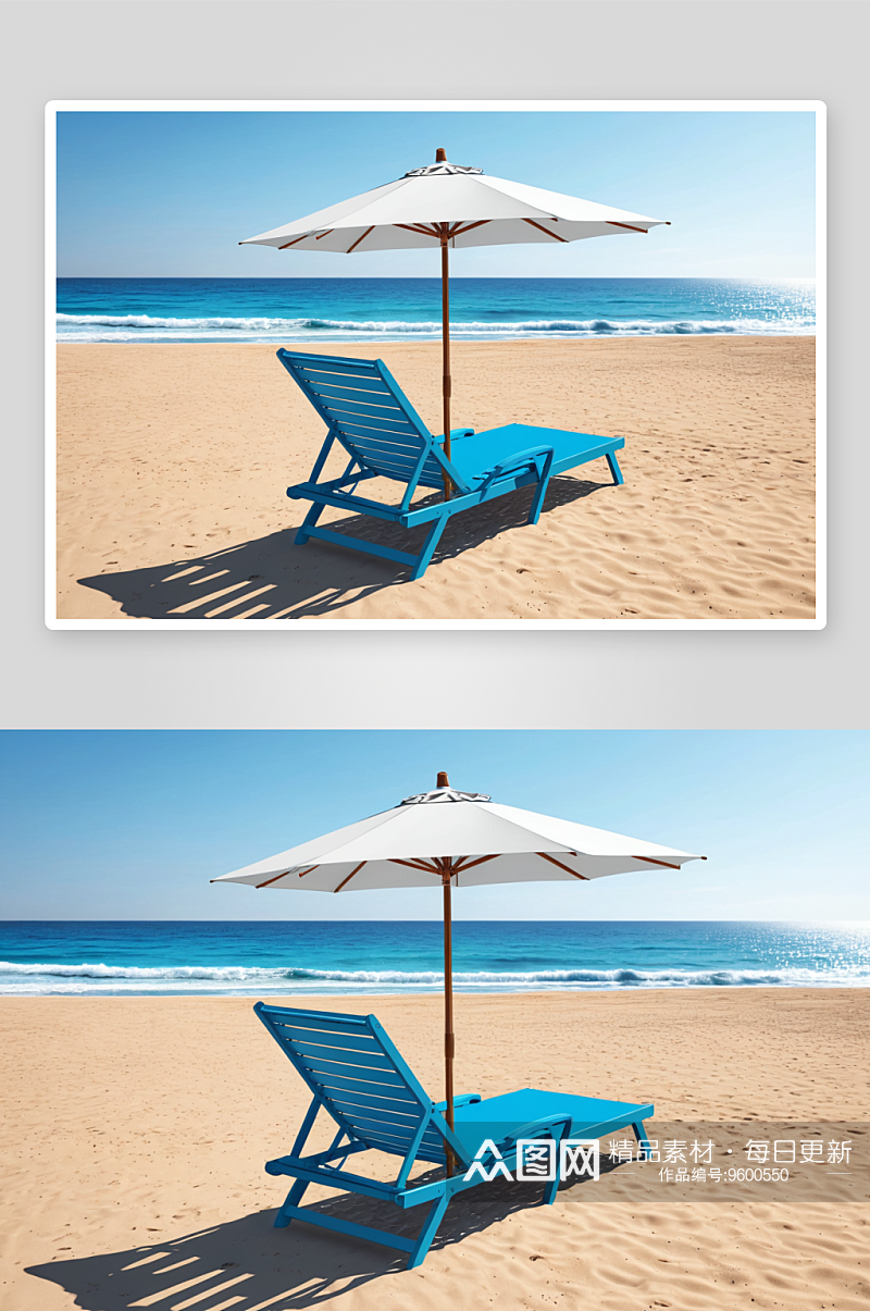 阳光明媚海滩蓝色日光浴床雨伞图片素材