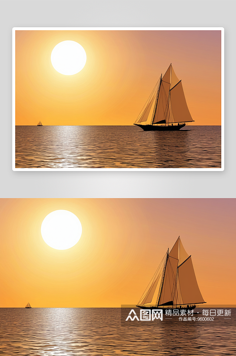 夕阳下传统木帆船剪影图片素材