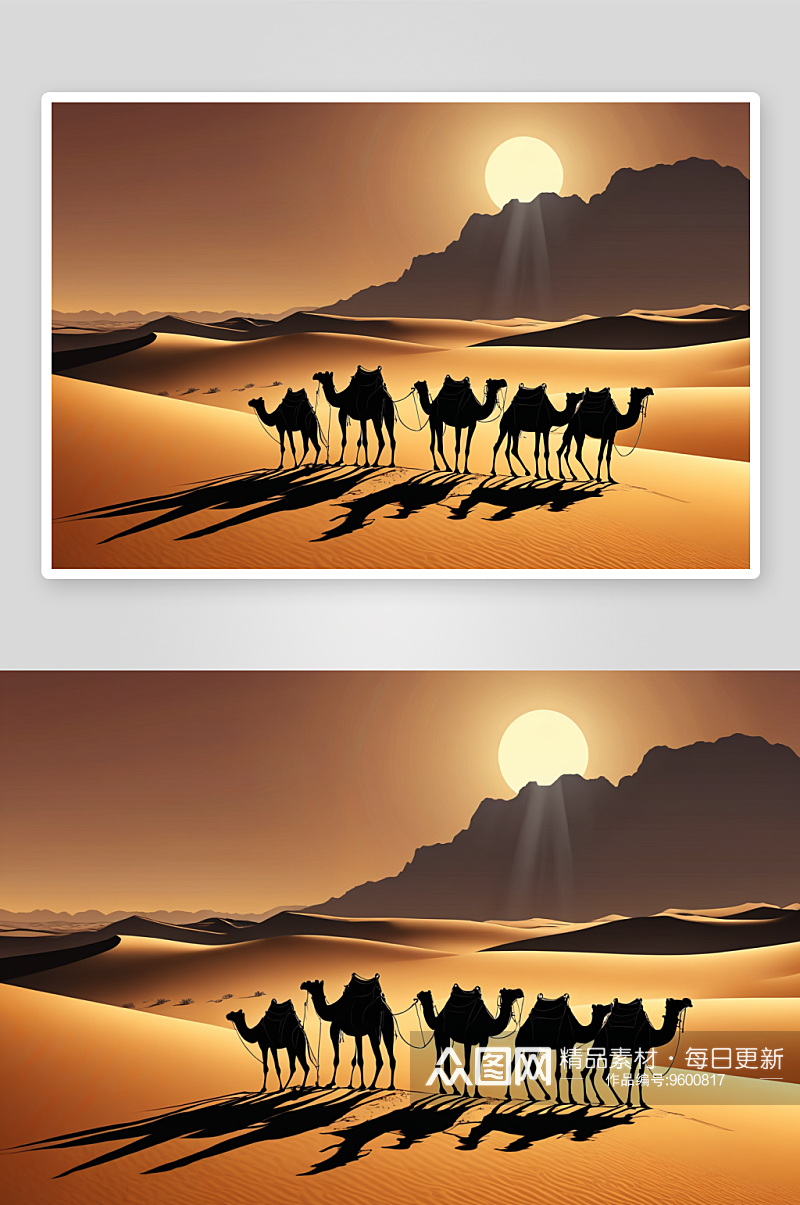 日出时分沙漠驼队光影图片素材