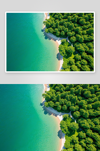 航拍无人机海滩绿色树木翠绿水图片
