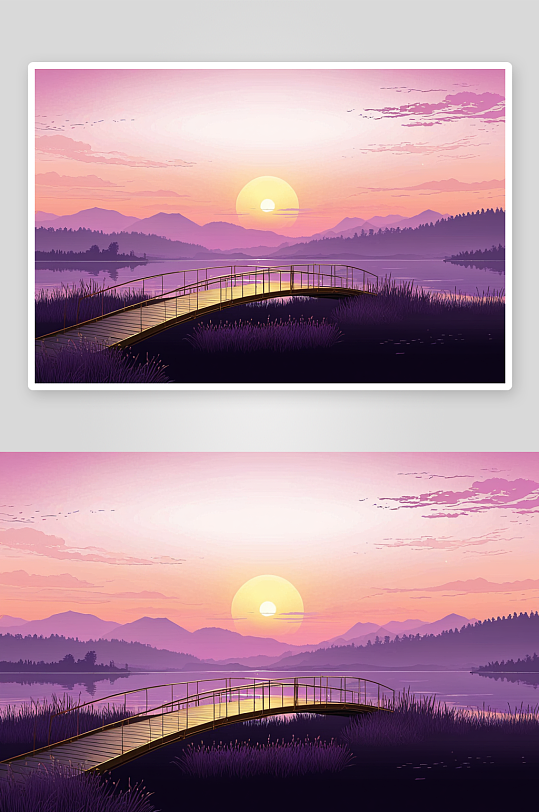 夕阳下湖面有金色紫色天空桥有灯光图片