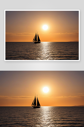 夕阳下传统木帆船剪影图片