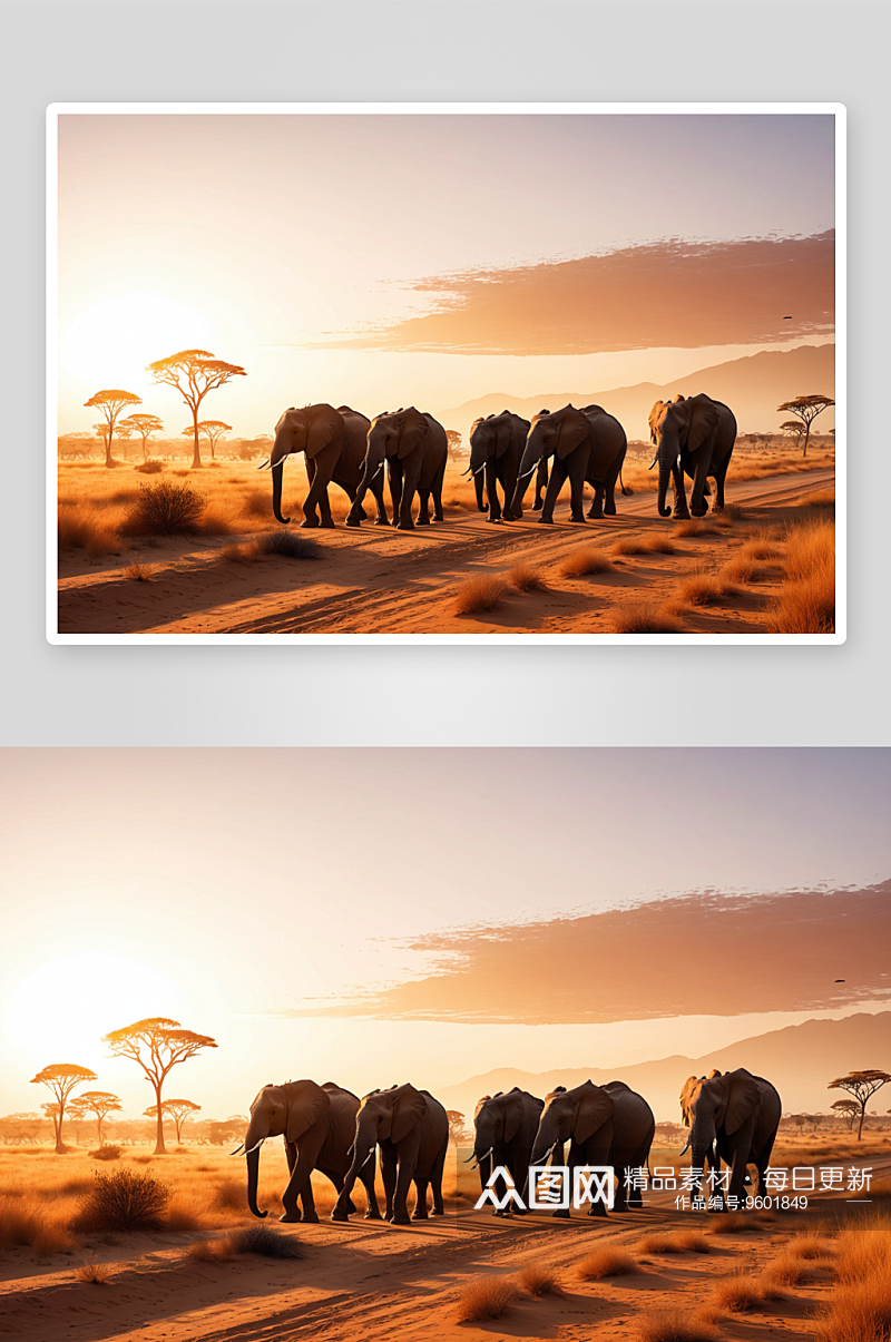 日落时分保护一群大象行走图片素材