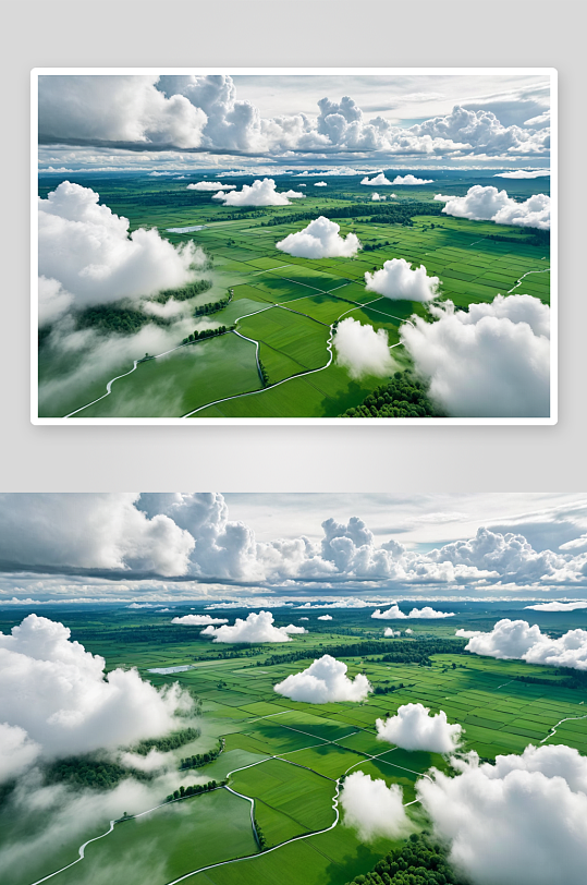 航拍雨后白云漂浮绿色田园图片