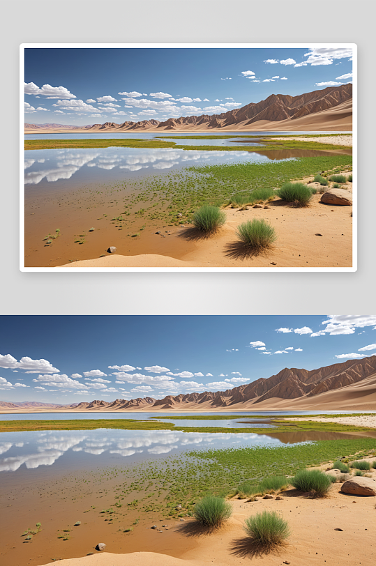 戈壁沙漠中一个湖泊图片