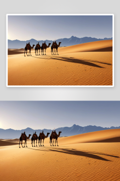 日出时分沙漠驼队光影图片