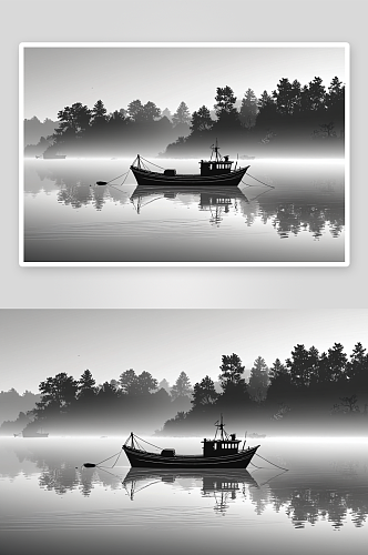 晨雾渔船高清特写图片