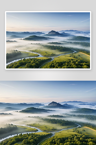 地质公园夏季晨雾航拍风光图片