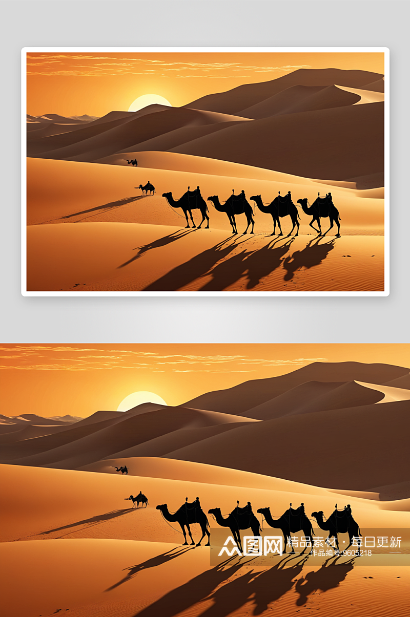 日出时分沙漠驼队光影图片素材