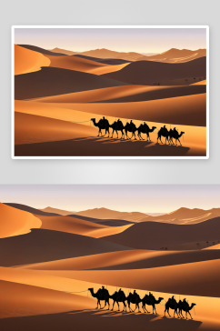 日出时分沙漠驼队光影图片
