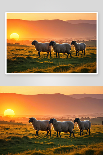 日落十分食草羊群图片