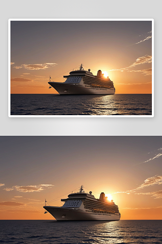 海一艘巡航游船后面日落高清特写图片