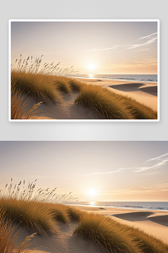 海边日落时分沙丘观看沙丘草图片