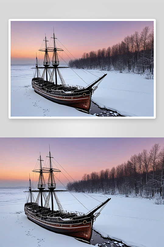 冬日里一艘旧船日落高清特写图片