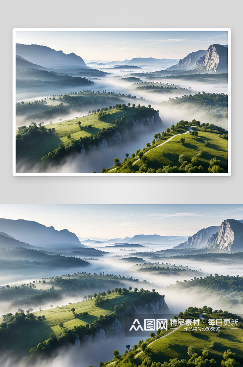 地质公园夏季晨雾航拍风光图片素材